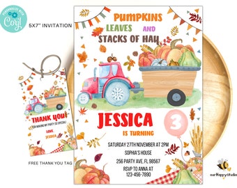 May include: A printable invitation for a 3rd birthday party with an autumn theme. The invitation features a red tractor pulling a wagon full of pumpkins, leaves, and hay. The text on the invitation reads "Pumpkins, Leaves and Stacks of Hay, Jessica is turning 3".