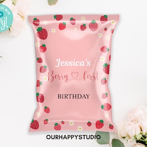 Editable Berry First birthday Chip Bag Wrapper Template Strawberry Party Chip bag, berry sweet Fruit Party instant download template