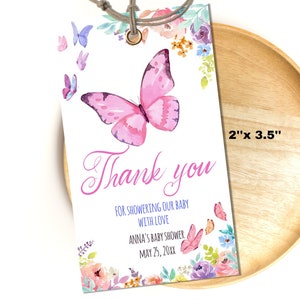 Editable Butterfly Baby Shower favor tag, Printable Purple Butterfly thank you tag Template, Instant Download Girl Baby Shower tag 03A