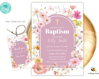 May include: A pink and white floral baptism invitation with a gold cross and the text "Please join us for the Baptism of our daughter Kelly Smith". The invitation includes the date, time, and location of the event, as well as information about the reception.