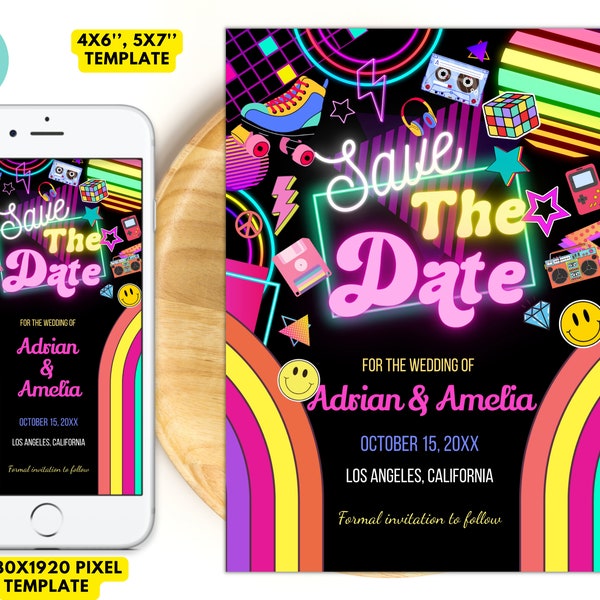 Editable Save the date template, 80S digital save the date download, 90S Electronic save the date 4x6, 5x7 Instant download 01