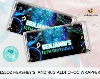 Editable Boy Dance party Chocolate Bar Wrapper, Disco party Chocolate bar wrapper, Blue glow choc bar wrapper instant download template