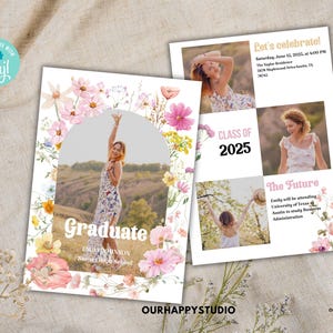 Editable Graduation 2025 template, Minimalist Graduation Announcement, Wildflower Graduation Party Invitation, Boho Graduation Announcement