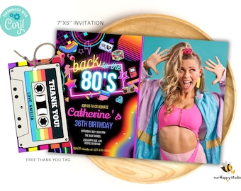 Convite para festa de aniversário editável dos anos 80, de volta aos anos 80, festa neon, dança, discoteca, aniversário dos anos 2000, download instantâneo dos anos 90 BT03