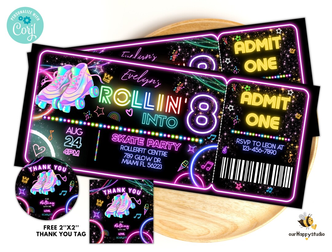Editable Roller Skating Ticket Template Glow Party Birthday Ticket