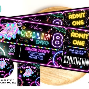 Bearbeitbares Roller Skating Ticket Vorlage Glow Party Geburtstagsticket, Glow Gender Neutral Lädt ein, Glow Roller Skating Party, Neon Party R06