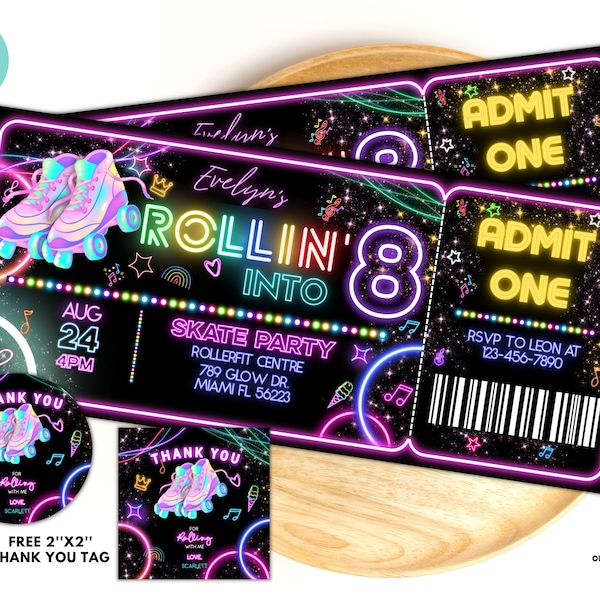 Editable Roller Skating Ticket template Glow Party Birthday ticket, Glow Gender Neutral Invites, Glow Roller Skating Party, Neon Party R06