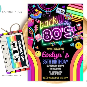 Convite editável para festa de aniversário dos anos 80, de volta aos anos 80, festa neon, dança, discoteca, aniversário dos anos 2000, download instantâneo dos anos 90 04