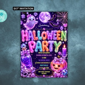 May include: A 13x18 cm Halloween party invitation featuring neon-coloured balloon lettering, a glowing ghost, a purple potion bottle, a jack-o'-lantern, bats, and a full moon against a dark background with text details for a party on October 26.
