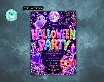 Editable Halloween Party Invitation, Neon Spooky Costume Invite (5x7)