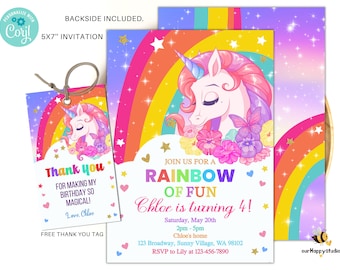 May include: A rainbow-themed birthday invitation featuring a unicorn with a pink mane and tail. The invitation includes the text "Join us for a Rainbow of Fun Chloe is turning 4!" and details for the party, including the date, time, location, and RSVP information.