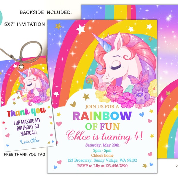 Editable Unicorn Rainbow Birthday Invitation, Rainbow Unicorn Floral Invites, Unicorn Party digital download, Rainbow birthday template