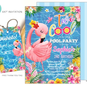Editable Two cool pool party invitation, Hawaiian Flamingo birthday invite, Tropical Girly 2nd birthday pool party instant download TP02