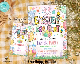 Puede incluir: Una colorida invitación con temática de Pascua y una etiqueta de agradecimiento. La invitación presenta un conejito, huevos y el texto "Easter Egg Hunt". La etiqueta de agradecimiento dice "Thank You" y "For Hopping By!". El diseño utiliza colores pastel.