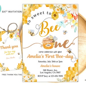 Editable Bee birthday invitation, Bee 1st birthday invite, So sweet to bee one party bee day 1st birthday inviation instant download BE01