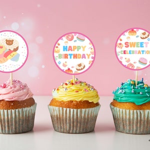 Sweet Birthday Circle Square cupcake topper, Candy Celebration favor tag, Dance Birthday Party Topper Instant Download