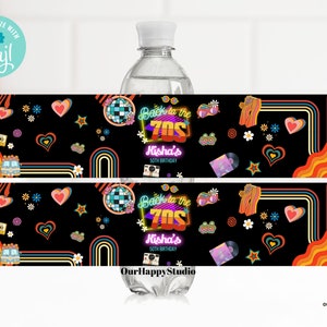 Editable Back to the 70s Water Bottle Label, 70S Birthday water bottle sticker, Retro Dance party water bottle label instant download