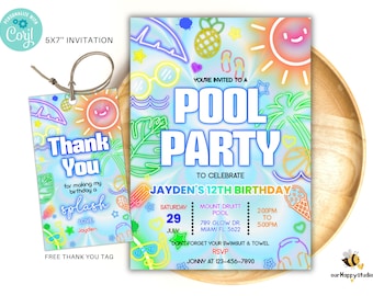 Editable boy pool party invitation, Glow neon invite, Tropical tie dye birthday pool party invitation swimming party instant download PTD02