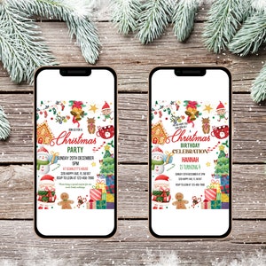Op de afbeelding: Een kerstfeestuitnodiging met een feestelijk ontwerp met een peperkoekhuis, een sneeuwpop, een kerstman, een kerstboom en een rendier. De tekst op de uitnodiging luidt "Doe mee met ons voor een kerstfeest" en bevat de datum, tijd en locatie van het feest.