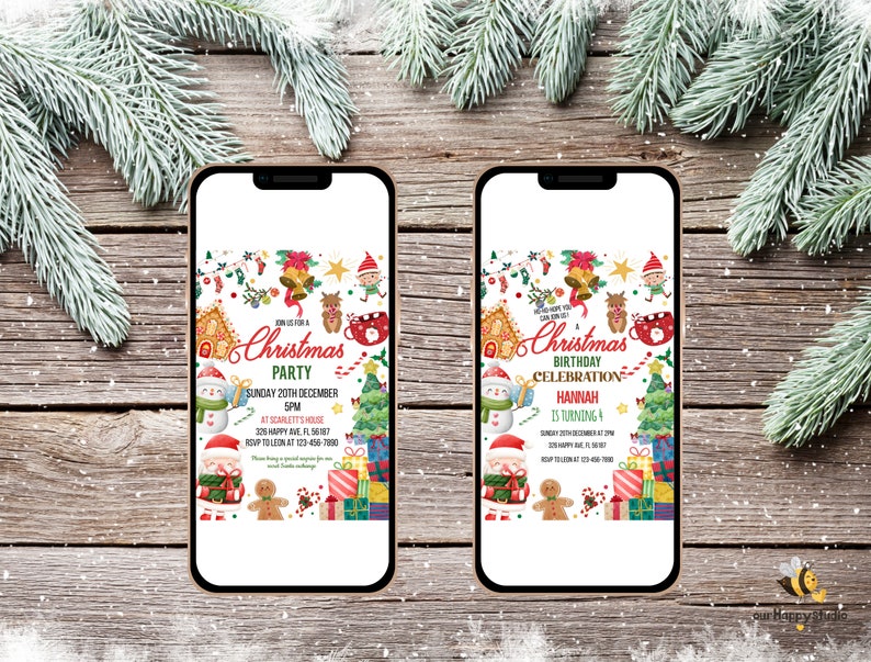 Op de afbeelding: Een kerstfeestuitnodiging met een feestelijk ontwerp met een peperkoekhuis, een sneeuwpop, een kerstman, een kerstboom en een rendier. De tekst op de uitnodiging luidt "Doe mee met ons voor een kerstfeest" en bevat de datum, tijd en locatie van het feest.
