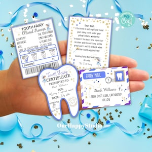 May include: A collection of Tooth Fairy themed items, including a receipt, certificate, and letter. The receipt is for $1, and the certificate is shaped like a tooth. The letter is addressed to Noah. The items are on a blue background with confetti.