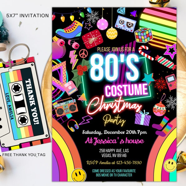 Editable 80s Christmas Party Invitation back to the 80s Neon party glow dance disco 2000s Christmas costume 90s instant download CX01