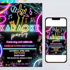 Editable Karaoke Party Birthday Invitation, Glow Karaoke birthday party neon singing music party invite Karaoke and glow instant download 02 image 5