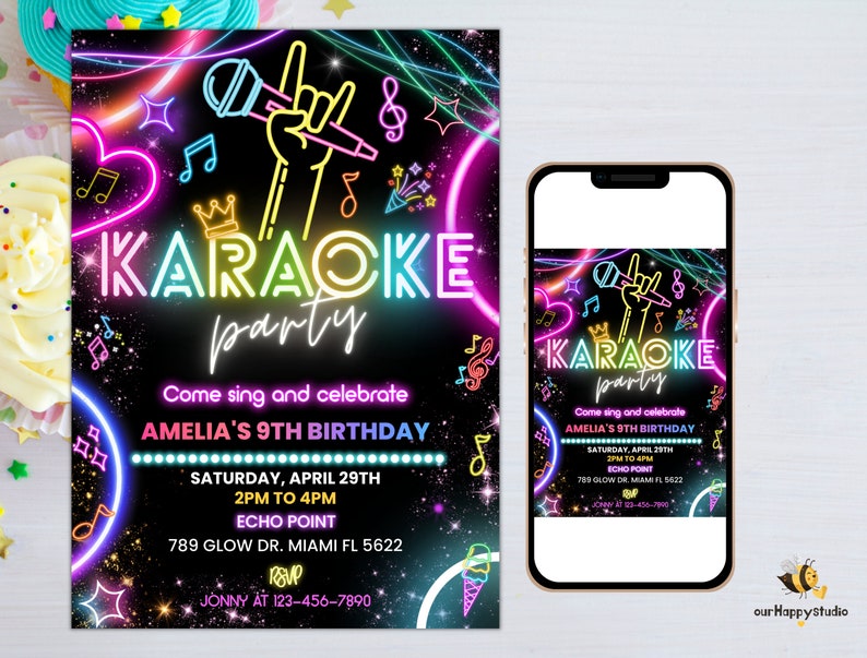 Editable Karaoke Party Birthday Invitation, Glow Karaoke birthday party neon singing music party invite Karaoke and glow instant download 02 image 5