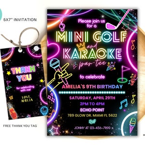 Bewerkbare golf- en karaokefeest verjaardagsuitnodiging, neon golf verjaardagsfeestje karaokefeest uitnodigen karaoke en gloed instant download 02
