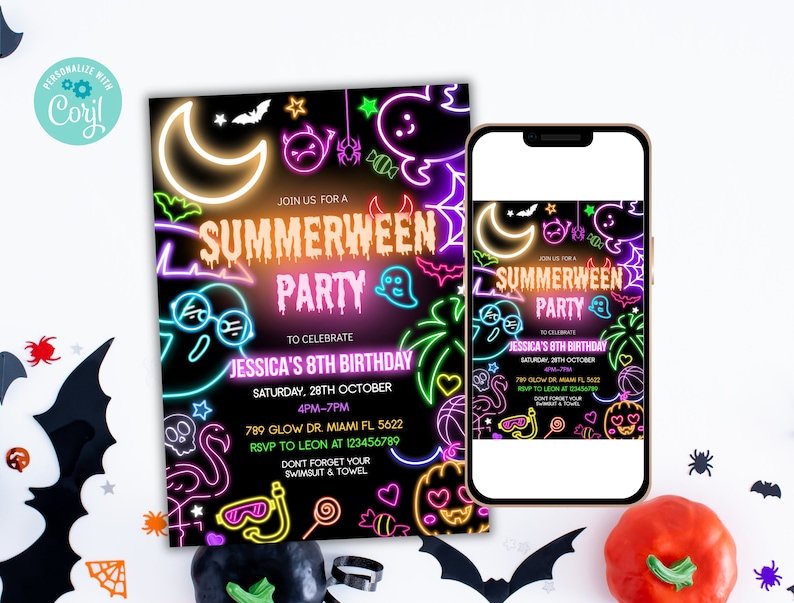May include: Neon pink, yellow, green, and blue glow-in-the-dark invitation for a Summerween party to celebrate Jessica's 8th birthday. The invitation features a black background with neon signs of a ghost, a palm tree, a basketball, a flamingo, a skull, and a candy cane. The text on the invitation reads "Join us for a Summerween Party to celebrate Jessica's 8th Birthday. Saturday, 28th October 4PM-7PM 789 Glow Dr. Miami FL 5622 RSVP to Leon at 123456789 Don't forget your swimsuit & towel."