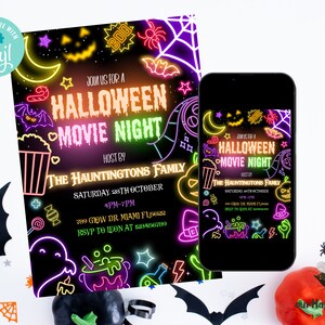 Editable Neon Halloween Movie Night Party Invite glow Spooky invitation Halloween Backyard Movie Night Halloween invite instant download
