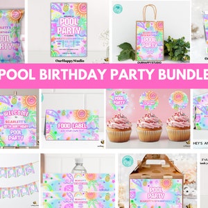 Könnte beinhalten: Ein Pool-Party-Geburtstags-Paket mit einem Regenbogen- und Pastell-Farbschema. Das Paket beinhaltet ein Willkommens-Schild, Lebensmitteletiketten, Cupcake-Topper, Geschenktüten, ein Banner, Wasserflaschenetiketten, eine Geschenkbox und ein Dankeschön-Etikett. Der Text auf den Artikeln lautet "Scarlett's 10th Birthday Pool Party".