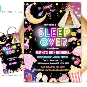 Editable Sleepover birthday invite Slumber party birthday invitation Pink girl Spa camping tween teen glow digital download template S05