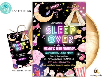 Editable Sleepover birthday invite Slumber party birthday invitation Pink girl Spa camping tween teen glow digital download template S05