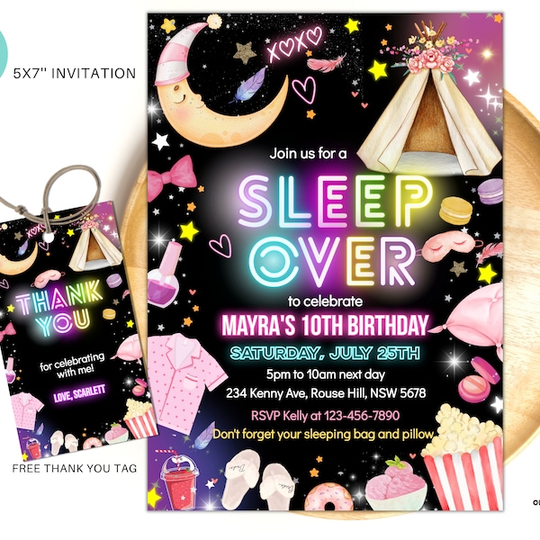 Editable Sleepover birthday invite Slumber party birthday invitation Pink girl Spa camping tween teen glow digital download template S05