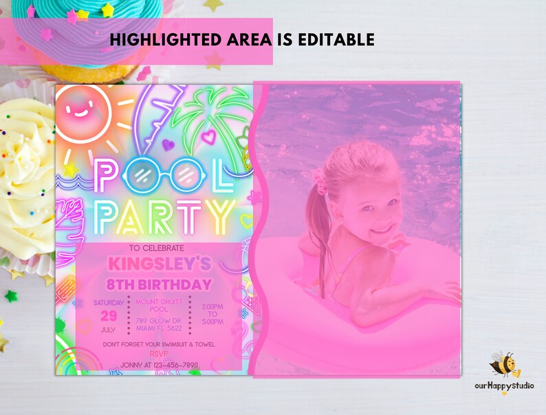 Photo Party Invitations Editable Pool Party Photo Invitation, Glow Neon Photo Invite, Tropical ...