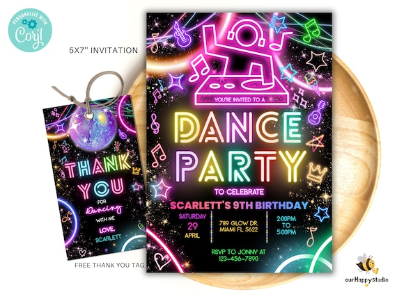 Editable DJ Dance Party Birthday Invitation, Glow Gender Neutral Invite, Neon Disco Party Template, Glow Dance Party Invite instant download