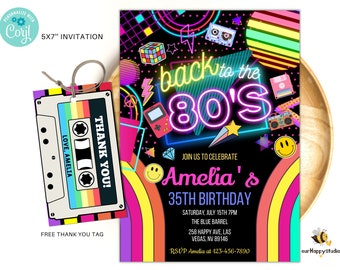 Editable 80s Birthday Party Invitation back to the 80s Neon party glow dance disco 2000s birthday 90s instant download