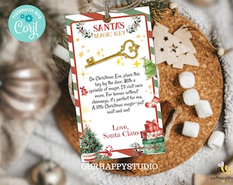 May include: A red, white and green Christmas-themed printable tag with a gold key and the text "Santa's Magic Key". The tag includes a message from Santa Claus about leaving a key by the door on Christmas Eve.