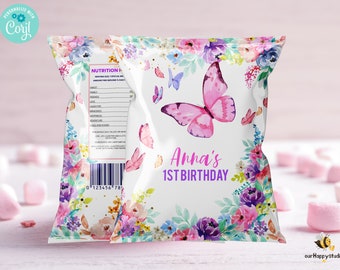 Editable Butterfly kisses birthday Chip Bag Wrapper Template butterfly Party Chip bag, Floral Party instant download template
