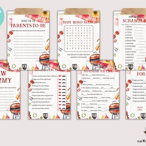 Op de afbeelding: Een set met printbare babyborrelspelkaarten met een barbecue-thema. De kaarten bevatten aquarel-illustraties van grillapparatuur, hotdogs en zonnebloemen. De spellen omvatten "Advies voor de aanstaande ouders", "Advies voor de nieuwe mama", "Babywoordzoektocht", "Babywoordscramble", "Mama of papa", "Kinderrijmpje" en "Voor de baby".