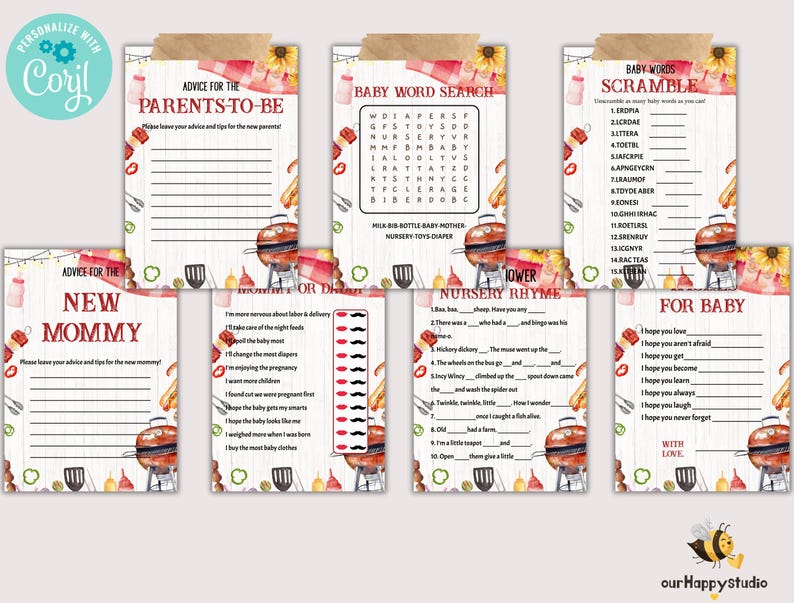 Op de afbeelding: Een set met printbare babyborrelspelkaarten met een barbecue-thema. De kaarten bevatten aquarel-illustraties van grillapparatuur, hotdogs en zonnebloemen. De spellen omvatten "Advies voor de aanstaande ouders", "Advies voor de nieuwe mama", "Babywoordzoektocht", "Babywoordscramble", "Mama of papa", "Kinderrijmpje" en "Voor de baby".