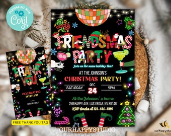 Editable Friendsmas Party Invitation, Xmas Party invite, Holiday party invite elf party invite Christmas Cocktail party instant download