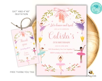 May include: A pink and white printable invitation for a 5th birthday party with a ballerina theme. The invitation features a ballerina with a pink and white tutu, pink shoes, and a pink bow. The text on the invitation reads "Let's dance and twirl. Join us to celebrate Calista's 5th Birthday. July 18, 2PM-4PM. 268 Strawberry Ave, Los Angeles, CA. RSVP to Kelly at 123-456-7890".