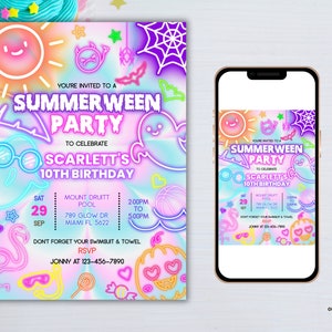 Może przedstawiać: Neonowe r&oacute;żowo-niebieskie zaproszenie na imprezę Summerween z okazji 10. urodzin Scarlett. Zaproszenie przedstawia ducha, dynię, flaminga, pajęczynę, lizak i okulary przeciwsłoneczne. Impreza odbędzie się w Mount Druitt Pool 29 września od 14:00 do 17:00. Adres to 789 Glow Dr, Miami FL 5622. RSVP do Jonny'ego pod numer 123-456-7890.
