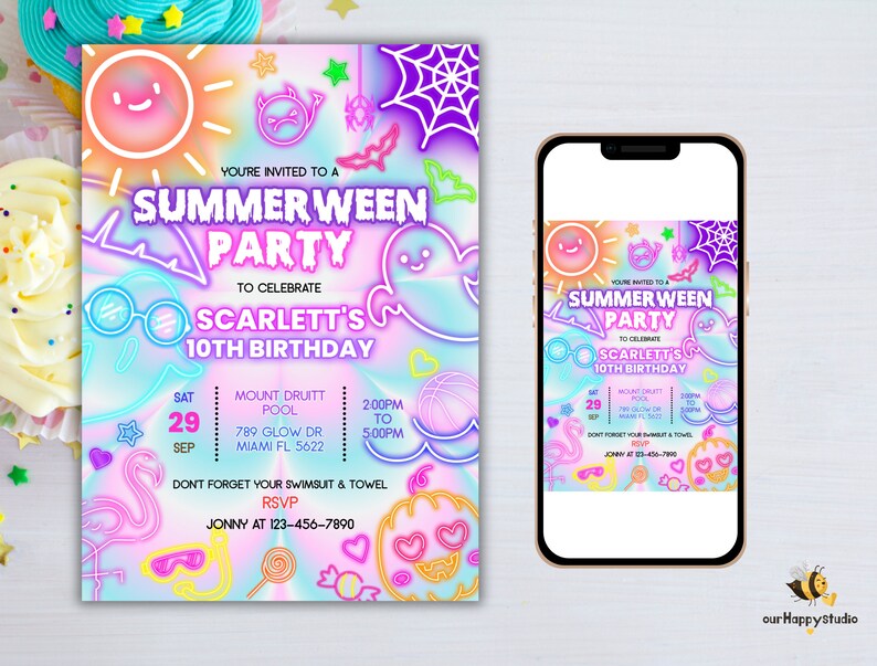 Może przedstawiać: Neonowe r&oacute;żowo-niebieskie zaproszenie na imprezę Summerween z okazji 10. urodzin Scarlett. Zaproszenie przedstawia ducha, dynię, flaminga, pajęczynę, lizak i okulary przeciwsłoneczne. Impreza odbędzie się w Mount Druitt Pool 29 września od 14:00 do 17:00. Adres to 789 Glow Dr, Miami FL 5622. RSVP do Jonny'ego pod numer 123-456-7890.