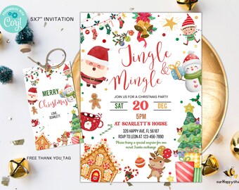 May include: A printable Christmas party invitation with a festive design featuring Santa, a snowman, a gingerbread man, and a reindeer. The invitation reads "Jingle & Mingle" and includes the date, time, and location of the party. A matching thank you tag is also included.