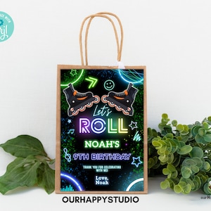 Editable boy Roller Skating gift bag label Glow Party Birthday party favor Glow Thank You Bag label sticker Editable Printable download