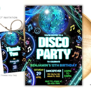 Editable Disco Party Birthday Invitation, Boy Disco Invites, Dance Party Template, Neon Party Invites Editable Glow Party instant download