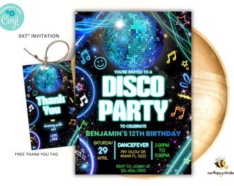 Editable Disco Party Birthday Invitation, Boy Disco Invites, Dance Party Template, Neon Party Invites Editable Glow Party instant download